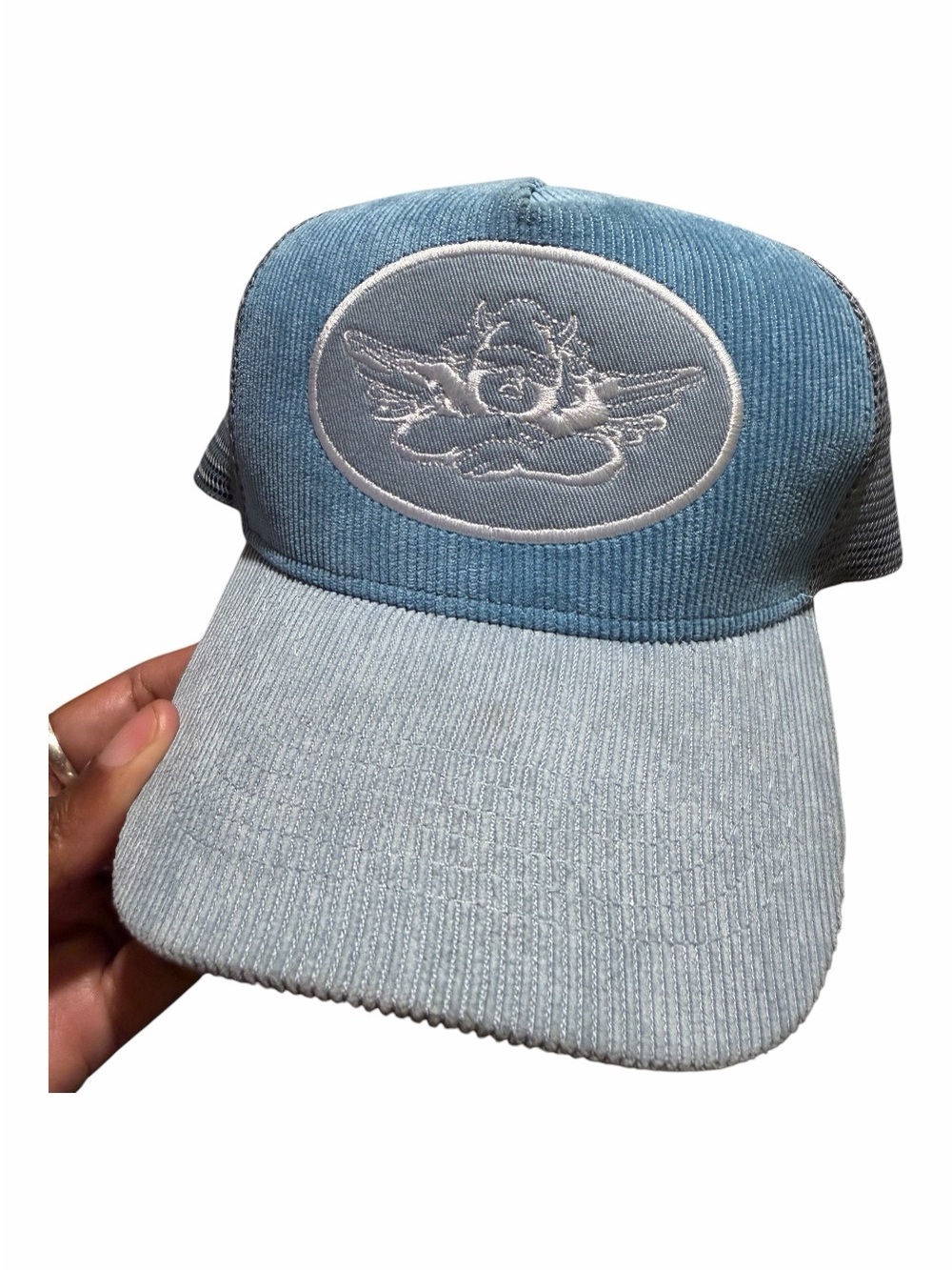 Boys Lie Light Blue Corduroy Trucker Hat with Angel Patch